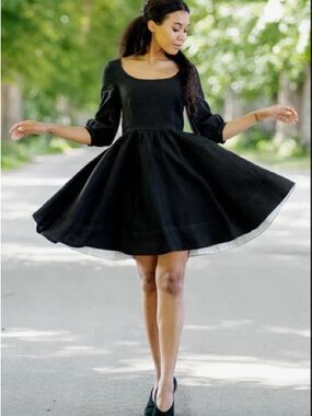 Son de Flor Carmen Mini Linen Black Smocked Dress Size XXS